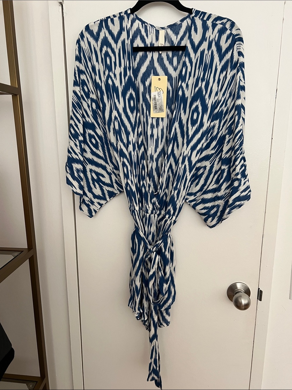 Elan Blue and White Ikat Tie-Front Draped Romper